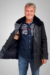 unwattierte lange Herren Lederjacke mit Lammfellkragen