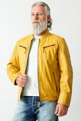 Kurze Herren Biker Style Übergangs Lederjacke Lammnappa in Yellow gelb