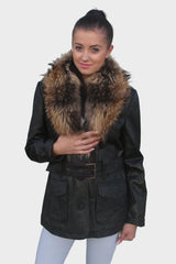 Halblange Damen Lederjacke mit großem Fellkragen