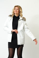 Weißer Damen-Lederparka aus weichem Lammnappa mit Kapuze