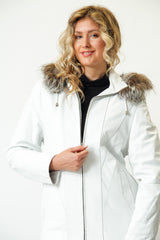 Weißer Damen-Lederparka aus weichem Lammnappa mit Kapuze