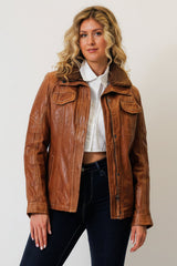 kurze taillierte echte Damen Lederjacke sportlich aus Lammnappa in vintage Braun
