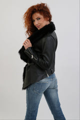 Damenjacke aus Leder-Lammfell Kombination in schwarz