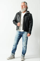 Herren Bikerstyle Lederjacke aus Neuseelandlammnappa in schwarz mit Kapuzenhoody abnehmbar