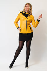 Damen kurz in Lammnappa mit Baumwollkapuze in gelb schwarz tailliert