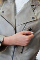 Beige längere sportliche Damen Gürteljacke aus Lammnappa in vintage Look