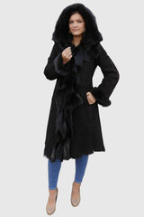 echter Damen Lammfellmantel Damen aus Toskana Lammfell, große Kapuze, dunkelbraun, exklusiv