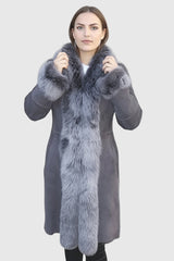 Damen-Lammfellmantel-grau-Merinofell-pelzvelour-Kragentoskana-figurbetont-Einschubtaschen