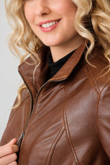 Längere Damen Lederjacke-Lammnappa in washed braun wattiert mit Reißverschluss