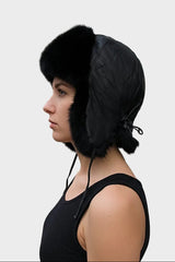 Leder Pelz Mütze mit Kaninchen Verbrämung schwarz