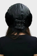 Leder Pelz Mütze mit Kaninchen Verbrämung schwarz