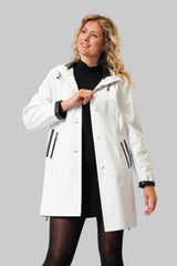 Damenkurzmantel mit abnehmbarer Kapuze in Lammnappa Weiß mit schwarz abgesetzt
