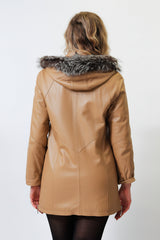 Wattierter Leder Damen Parka mit Kapuze, Lammnappa cognac und Silberfuchs