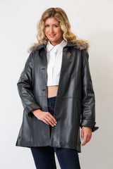 Damen Kurzmantel als Swinger Lammnappa in anthrazit mit Kapuze Silberfuchs
