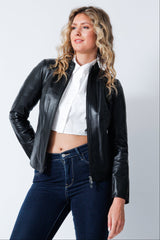 Kurzer Damen Lederbolero mit kleinen Stehkragen Lammnappa schwarz zweiwege Reißverschluss