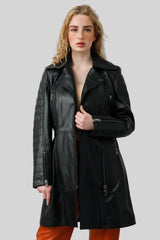 Schwarze längere sportliche Damen Gürteljacke aus Lammnappa und asymmetrischen Reißverschluss