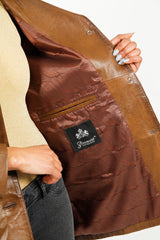 Leichte lange Damenlederjacke braun