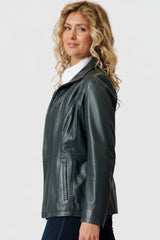 Kurze duenne Damen Lederjacke aus Lammnappa Petrol tailliert ohne Wattierung