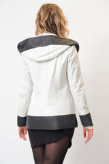 Leichte halblange Damenlederjacke mit Kapuze