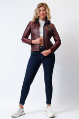 Damenbikerstyle Lederjacke aus Lammnappa Rot vintage Look mit Stoffkapuze abtrennbar