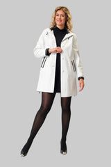 Damenkurzmantel mit abnehmbarer Kapuze in Lammnappa Weiß mit schwarz abgesetzt