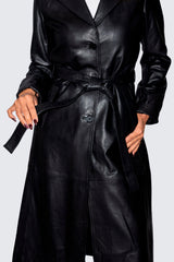langer Damen Ledermantel schwarz mit Gürtel Lammnappa Trenchcoat