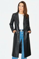 schwarzer Damen Ledermantel leichtes Lammnappa mit Gürtel