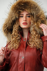 Langer Damen Lederparka Lammnappa dunkelrot vintage mit Finnraccoon Kapuze
