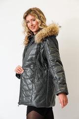 Kurzer Damen Lederparka gesteppt aus Lammnappa mit Kapuze in anthrazit