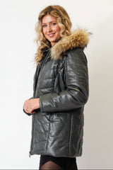 echter langer Damen Lederparka Jacke gesteppt aus Lammnappa mit Kapuze in anthrazit