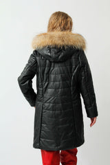 Damen Lederparka Kapuze und Finnraccoon Fellstreifen in schwarz aus Lammnappa