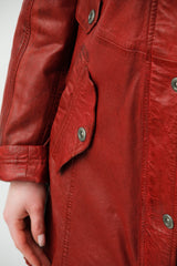 Langer Damen Lederparka Lammnappa dunkelrot vintage mit Finnraccoon Kapuze