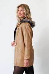 Wattierter Leder Damen Parka mit Kapuze, Lammnappa cognac und Silberfuchs