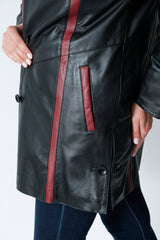 Damen Herbst Winter Lederswinger Lammnappa schwarz mit rot und Kapuze