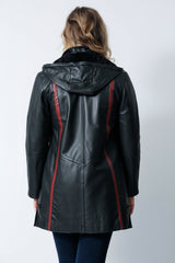 Damen Herbst Winter Lederswinger Lammnappa schwarz mit rot und Kapuze