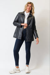 Längere Damen Lederjacke-Lammnappa in washed blue wattiert mit Reißverschluss