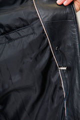 Lange Damen Lederjacke Lammnappa navy mit Kapuze und leichter Wattierung