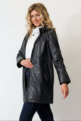 Lange Damen Lederjacke Lammnappa navy mit Kapuze und leichter Wattierung