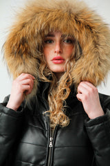 Damen Lederparka Kapuze und Finnraccoon Fellstreifen in schwarz aus Lammnappa