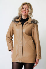 Wattierter Leder Damen Parka mit Kapuze, Lammnappa cognac und Silberfuchs