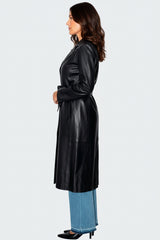 schwarzer echter Ledermantel für Damen mit Gürtel Trenchcoat