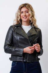 Kurze dunkelgraue Damen Bikerstyle Lederjacke aus weichen Lammnappa vintage Look