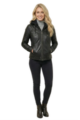 Moderne Leder-Jacke für jeden Tag aus schwarzen Lammnappa mit Stoffkapuze abnehmbar
