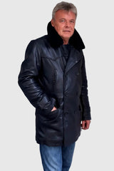Herren echte lange Lederjacke Doppelreiher schwarz Lammnappa