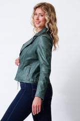 Kurze grüne Damen Bikerstyle Lederjacke aus weichen echtem Lammnappa vintage Look