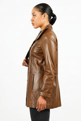 Leichte lange Damenlederjacke braun