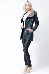 Damen Lederjacke mit Stoffkapuze