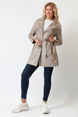 Beige echte längere sportliche Damen Gürteljacke aus Lammnappa in vintage Look