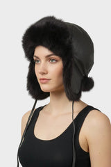 Leder Pelz Mütze mit Kaninchen Verbrämung schwarz