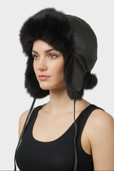 Leder Pelz Mütze mit Kaninchen Verbrämung schwarz